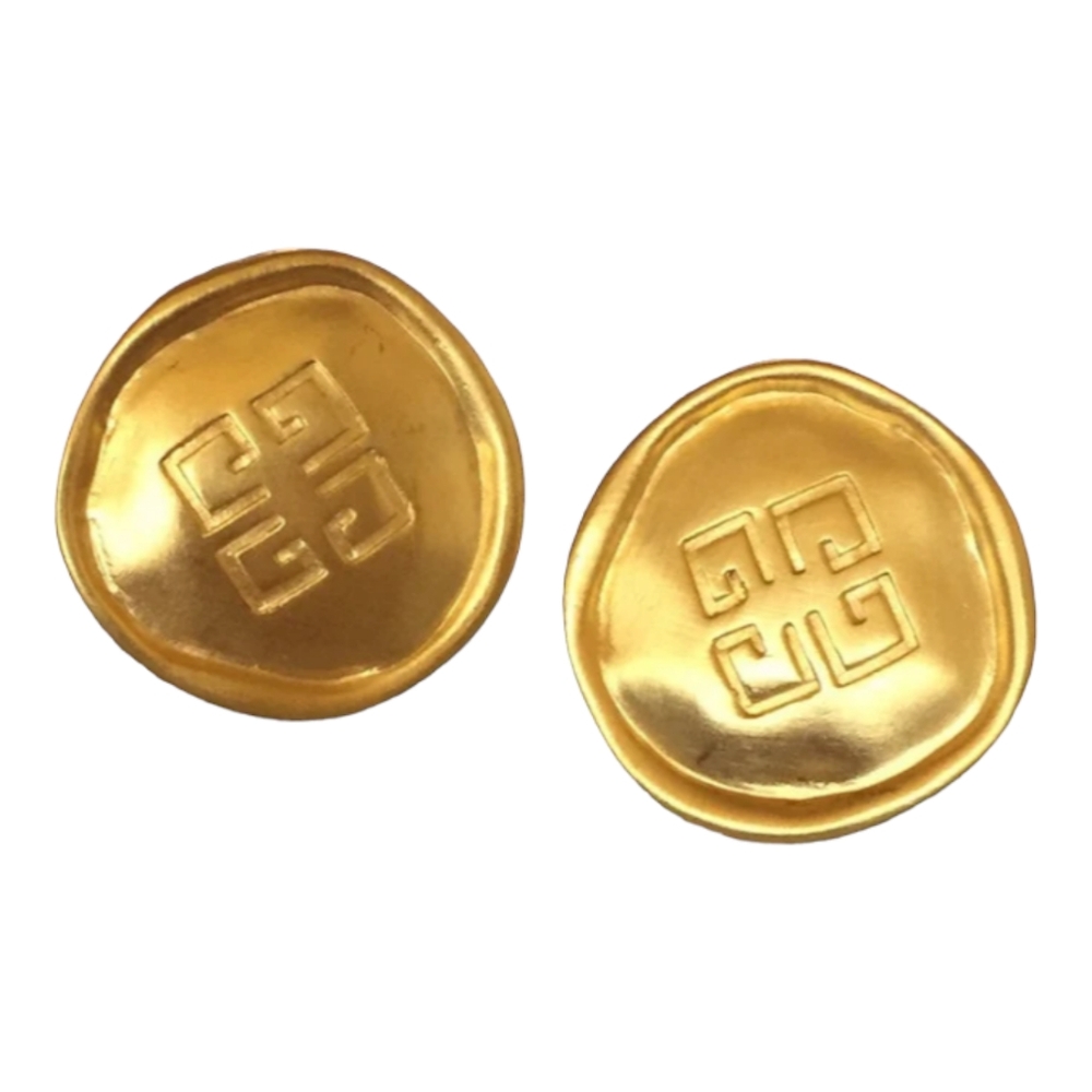 Givenchy Vintage Clip On Earrings Logo Brushed Satin Gold Tone Signed